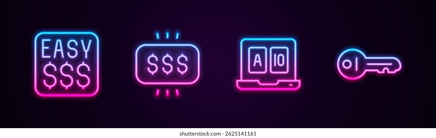 Set line Money prize in casino, Online poker table game and Old key. Glowing neon icon. Vector