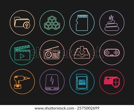 Set line Money protection, Gamepad, Micro SD memory card, Radio, Movie clapper, Download arrow with folder, inbox and Isometric cube icon. Vector