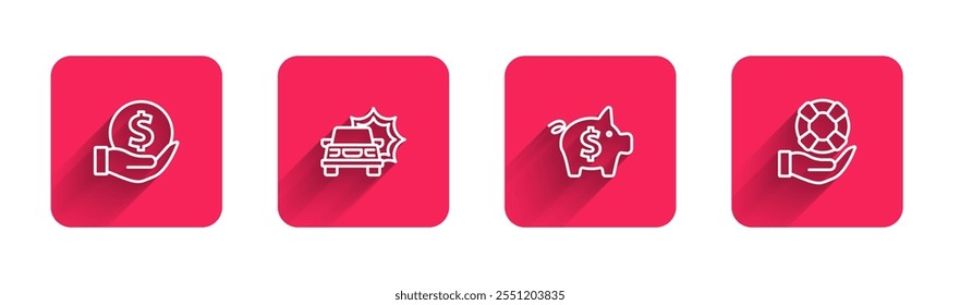 Set line Money with shield, Car accident, Piggy bank and Lifebuoy in hand with long shadow. Red square button. Vector