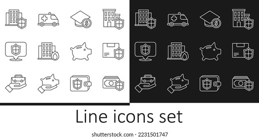 Set line Money with shield, Delivery security, Graduation cap and coin, Fire burning house, Location, House, Piggy bank and Emergency car icon. Vector