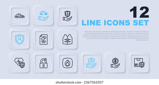 Set line Money with shield, Delivery security, Marriage contract, Hand holding briefcase, Life insurance, Broken or cracked lock, Car and Fire flame icon. Vector