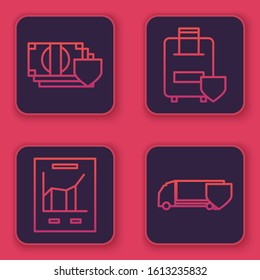 Set line Money with shield, Document with graph chart, Traveling baggage insurance and Delivery cargo truck with shield. Blue square button. Vector