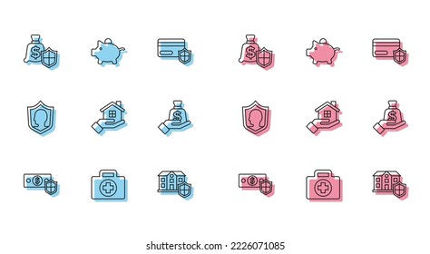 Set line Money with shield, First aid kit, House, in hand, Life insurance and Piggy bank icon. Vector