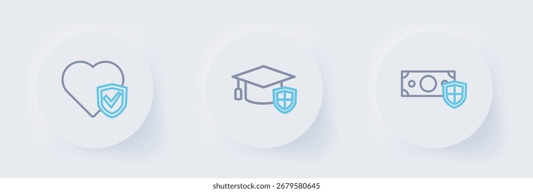 Fije la línea con el escudo del dinero, el casquillo de la graduación y el icono del seguro de vida. Vector