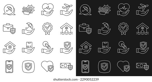 Set line Money with shield, Shield in hand, House flood, Life insurance, Umbrella, Briefcase,  and Approved check mark icon. Vector