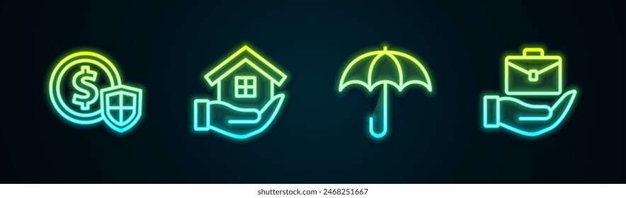 Set line Money with shield, House in hand, Umbrella and Hand holding briefcase. Glowing neon icon. Vector