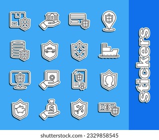 Set line Money with shield, Life insurance, Ship, Credit card, Car, Delivery security and  icon. Vector