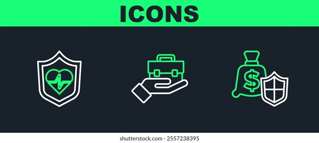 Set line Money with shield, Life insurance and Hand holding briefcase icon. Vector