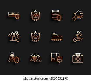 Set line Money with shield, Location, Delivery security, First aid kit, Graduation cap, Plane in hand and Ship icon. Vector