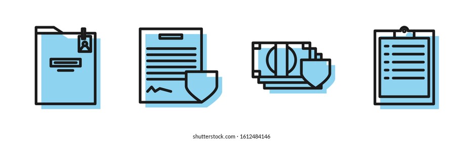 Set line Money with shield, Personal folder, Contract with shield and Clipboard with checklist icon. Vector