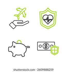 Set line Money with shield, Piggy bank, Life insurance and Plane hand icon. Vector