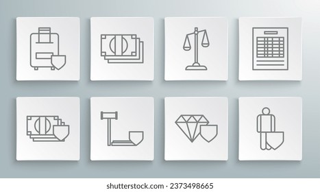Set line Money with shield, Stacks paper money cash, Judge gavel, Diamond, Life insurance, Scales of justice, Report file document and Traveling baggage icon. Vector