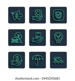Set line Money with shield, Umbrella, Flood car, Shield, Delivery insurance, Car damaged by fallen tree, Piggy bank and Approved and check mark icon. Vector