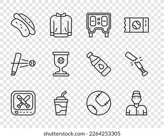 Set line Monitor with baseball game, Baseball player, mechanical scoreboard, Paper glass water, Hotdog sandwich, Award cup,  and Broken bat icon. Vector