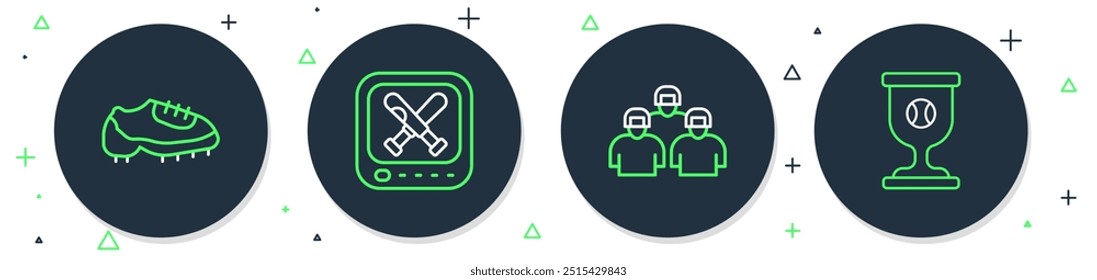 Set line Monitor with baseball game, Team of players, Baseball boot and Award cup icon. Vector