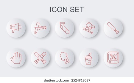 Set line Monitor with baseball game, Baseball glove, sock, Paper glass water, Megaphone, bat, Crossed and  icon. Vector