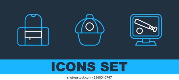 Set line Monitor with baseball game, Sport bag and Baseball cap icon. Vector