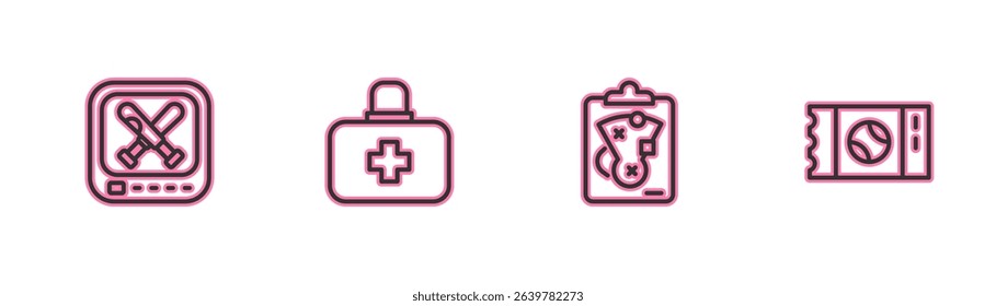 Set line Monitor with baseball game, Planning strategy, First aid kit and Baseball ticket icon. Vector