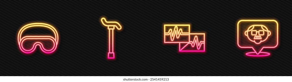 Monitor de línea con cardiograma, máscara de sueño de ojos, bastón de bastón y abuelo. Icono de neón brillante. Vector