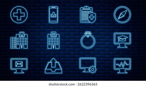 Set line Monitor with cardiogram, graduation cap, Clipboard medical insurance, Medical hospital building, Dental clinic, cross circle, Diamond engagement ring and Smartphone download icon. Vector