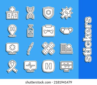 Set line Monitor with cardiogram, Hospital building, Medical protective mask, Life insurance, Antibacterial soap, Location hospital,  and X-ray shots broken bone icon. Vector