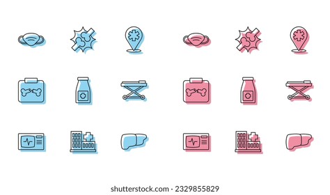 Set line Monitor with cardiogram, Hospital building, Medical protective mask, Human organ liver, Medicine bottle and pills, Stretcher, X-ray shots broken bone and Joint pain, knee pain icon. Vector