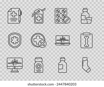 Set line Monitor with cardiogram, Inhaler, Pills in blister pack, Medicine bottle, Medical prescription and pen, Cross hospital medical, Bottle of medicine syrup and X-ray shots icon. Vector