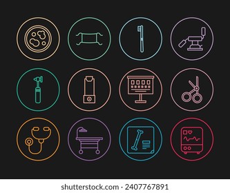 Set line Monitor with cardiogram, Medical scissors, Toothbrush, Inhaler, otoscope tool, Petri dish bacteria, Eye test chart and protective mask icon. Vector