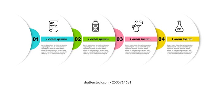 Set line Monitor with cardiogram, Organ container, Stethoscope and Test tube and flask. Business infographic template. Vector