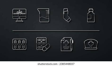 Set line Monitor with cardiogram, Pills in blister pack, Bottle of medicine syrup, Medical prescription and pen, Measuring cup, Nurse hat cross and Inhaler icon. Vector