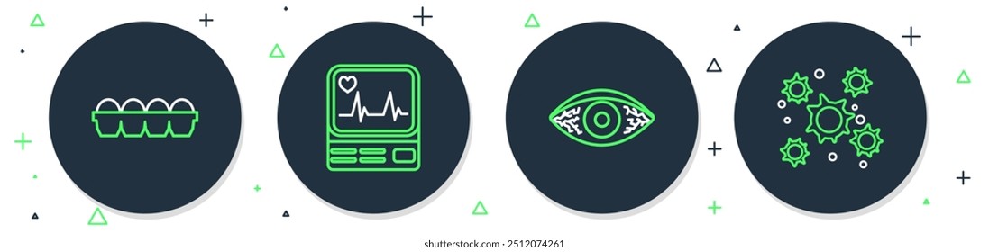 Monitor de línea con cardiograma, conjuntivitis alérgica de ojo rojizo, huevo de pollo en caja e icono de bacterias. Vector