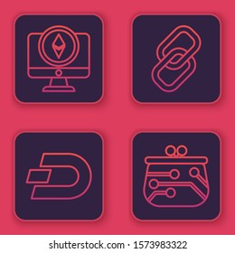 Set line Monitor and Cryptocurrency coin Ethereum ETH, Cryptocurrency coin Dash, Chain link and Cryptocurrency wallet. Blue square button. Vector