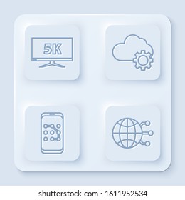 Set line Monitor display with 5k video, Cloud technology data transfer and storage, Mobile and graphic password protection and Global technology or social network. White square button. Vector