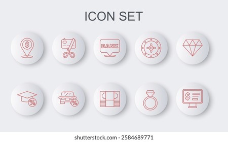 Set line Monitor with dollar, Graduation cap and coin, Bank building, Diamond engagement ring, Cash location, Scissors cutting credit card, Car leasing percent and Stacks paper money cash icon. Vector