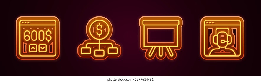 Set line Monitor with dollar, Hierarchy, Chalkboard and Telephone 24 hours support. Glowing neon icon. Vector