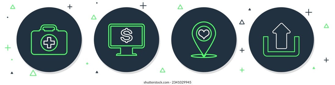 Set line Monitor with dollar, Map pointer heart, First aid kit and Upload icon. Vector