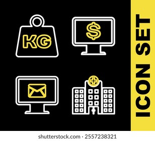 Set line Monitor with dollar, Medical hospital building, and envelope and Weight icon. Vector