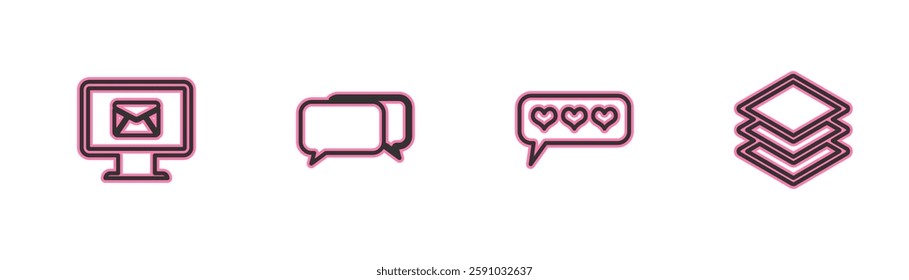 Set line Monitor and envelope, Like heart, Chat and Layers icon. Vector