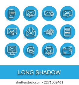 Set line Monitor and envelope, Envelope with magnifying glass, Chat messages notification phone, Delete, Mail box and e-mail icon. Vector