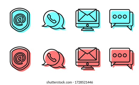 Set line Monitor and envelope, Shield with mail and e-mail, Telephone with speech bubble chat and Speech bubble chat icon. Vector