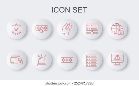 Set line Monitor with exclamation mark, Folder and lock, Human head, Server, Data, Web Hosting, Shield check, Password protection, Motion sensor and  icon. Vector