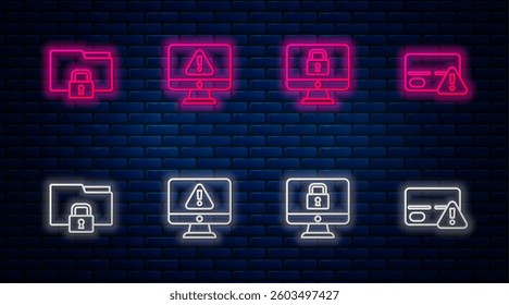 Set line Monitor with exclamation mark, Lock monitor, Folder and lock and Credit card. Glowing neon icon on brick wall. Vector