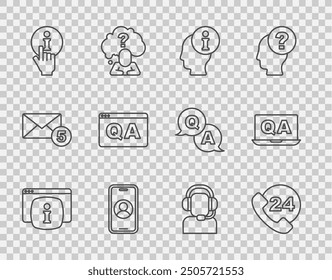 Set line Monitor with FAQ information, Telephone 24 hours support, Information, Question and Answer, Man headset and  icon. Vector