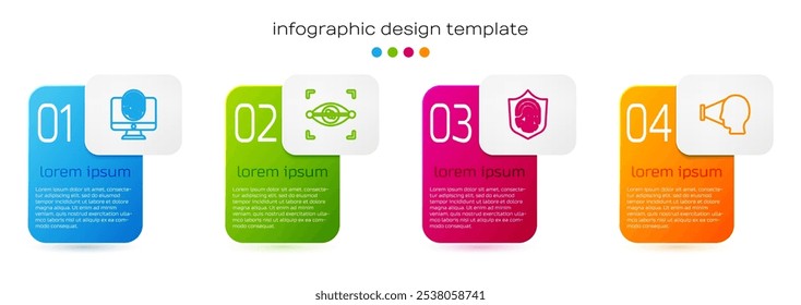 Monitor de línea con huella dactilar, escaneo ocular, escudo de huellas dactilares y reconocimiento facial. Plantilla de infografía de negocios. Vector