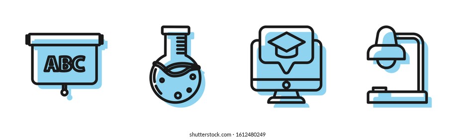Set line Monitor with graduation cap, Chalkboard, Test tube and flask chemical laboratory and Table lamp icon. Vector