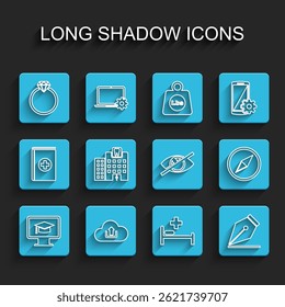 Set line Monitor with graduation cap, Cloud upload, Diamond engagement ring, Hospital bed, Fountain pen nib, Dental clinic, Wind rose and Invisible hide icon. Vector