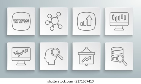 Set line Monitor with graph chart, Project team base, Search people, Board, Server, Financial growth, Stocks market graphs and Website template icon. Vector