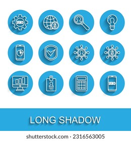 Set line Monitor with graph chart, Seo tag gear wheel, Calculator, Mobile phone SEO optimization, Shield check mark, Dollar, share, network and Business and communication icon. Vector