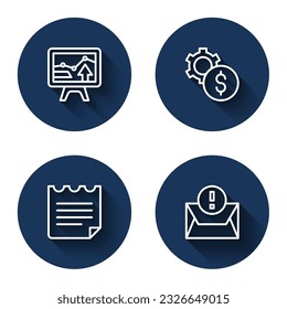 Set line Monitor with graph chart, Gear dollar symbol, Notebook and Envelope with long shadow. Blue circle button. Vector