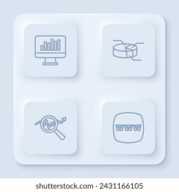 Set line Monitor with graph chart, Pie infographic, Search data analysis and Website template. White square button. Vector
